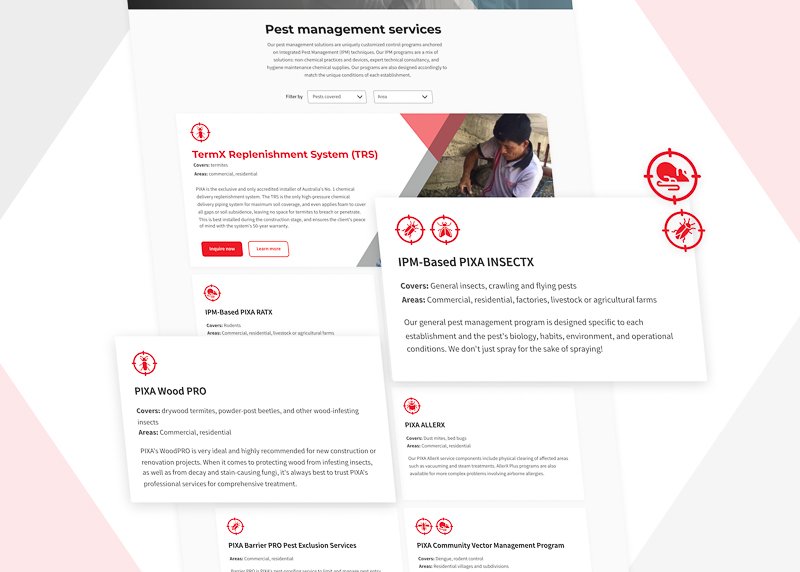 Throughout the website, we integrated pest icons with crosshairs as the primary imagery. This approach allows users to quickly browse through the services offered and identify which pest is being targeted immediately.